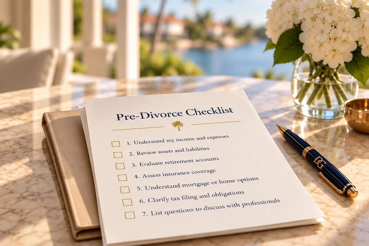 Pre-divorce checklist with seven financial planning steps on a sunlit Florida waterfront table.