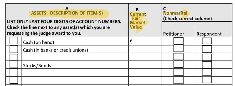 Florida Financial Affidavit Section 3 Assets