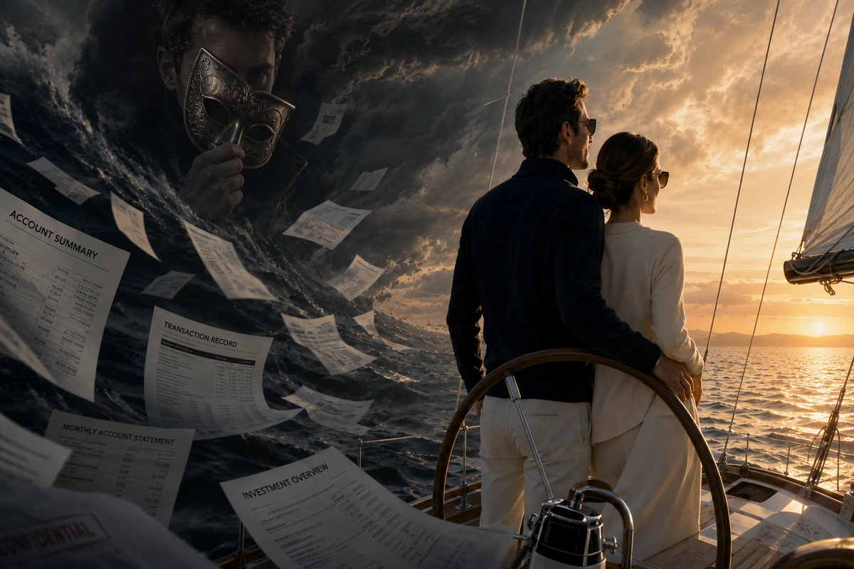 A couple sailing at sunset, with a masked figure and financial statements emerging from storm clouds, symbolizing financial infidelity in marriage.