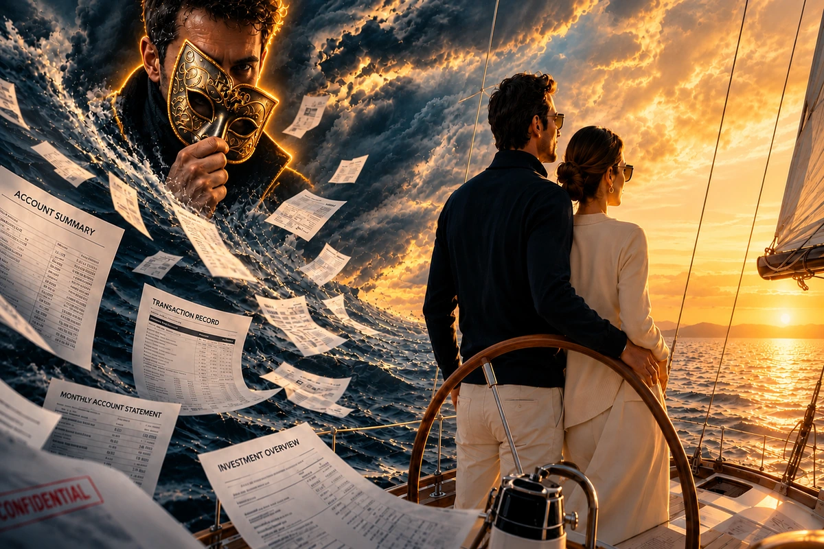 A couple sailing at sunset, with a masked figure and financial statements emerging from storm clouds, symbolizing financial infidelity in marriage.