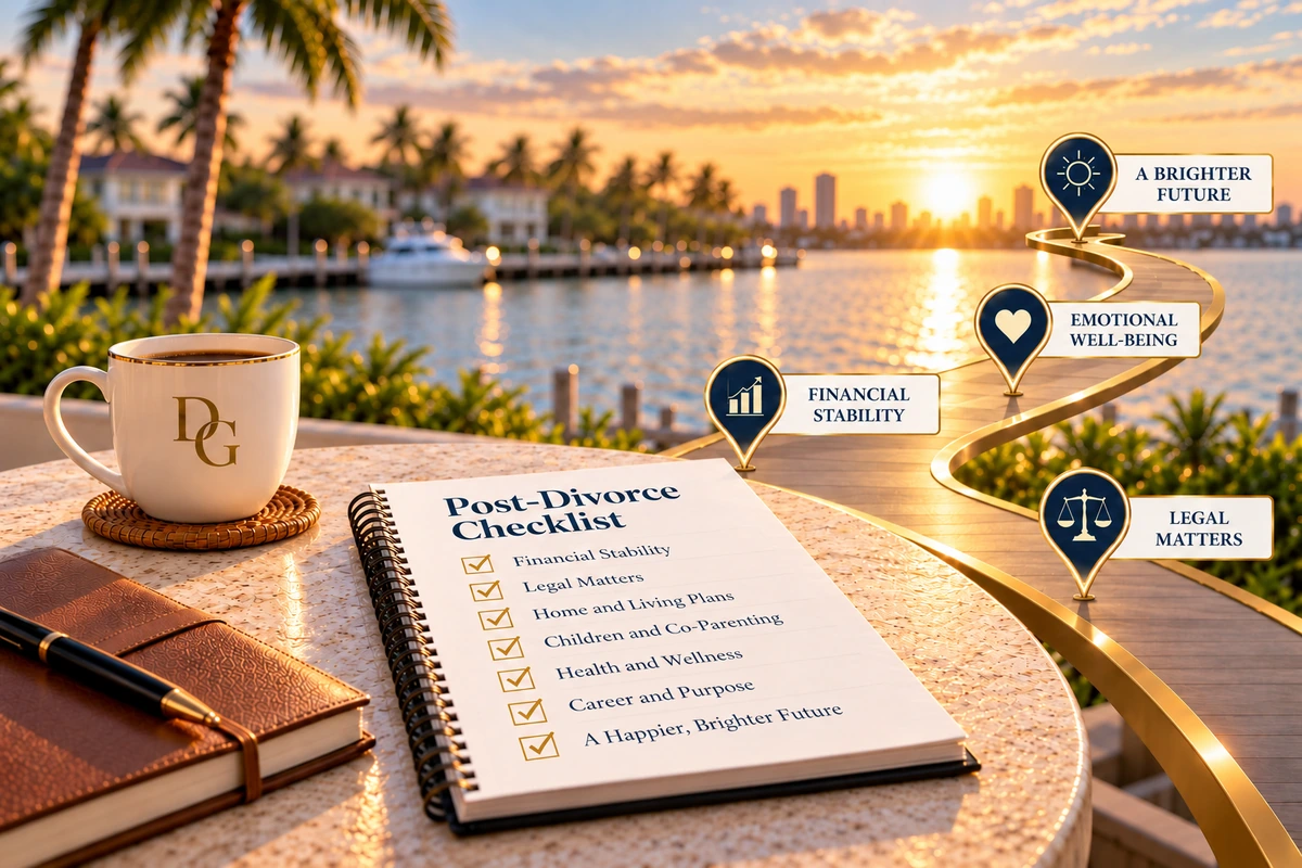 Post-divorce checklist with financial, legal, and emotional milestones along a winding path toward a brighter future.