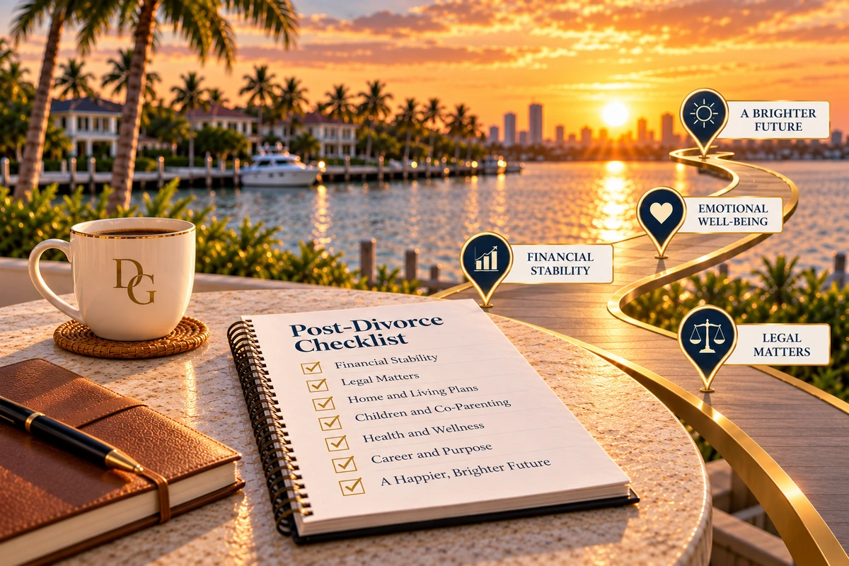 Post-divorce checklist with financial, legal, and emotional milestones along a winding path toward a brighter future.