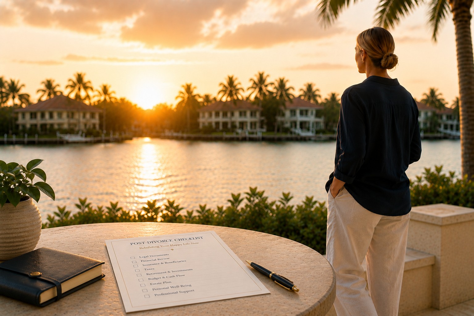 Woman overlooking the waterfront beside a post-divorce checklist for rebuilding life after divorce.