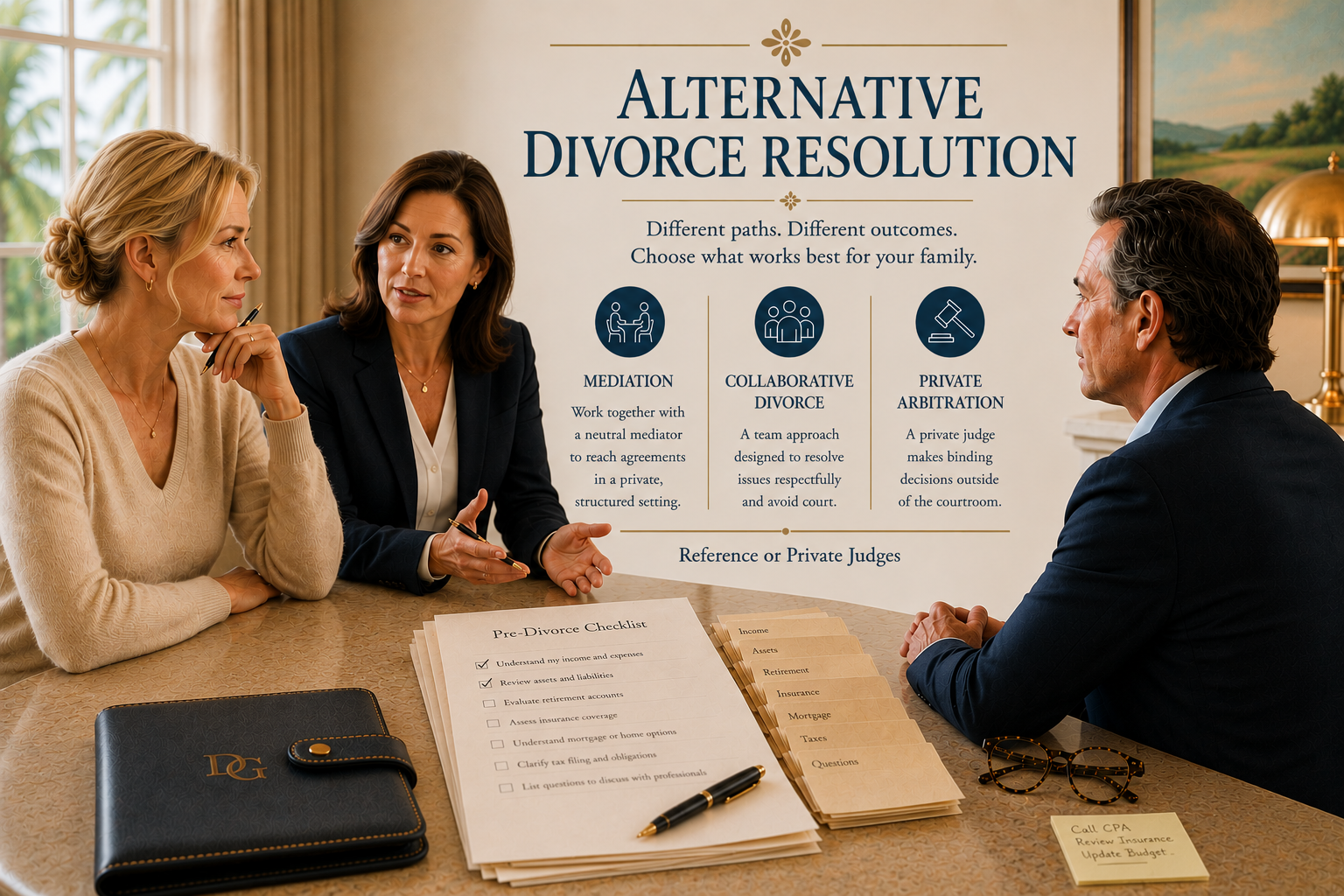 Client meeting with a mediator, attorney, and private judge discussing mediation, collaborative divorce, and private arbitration.