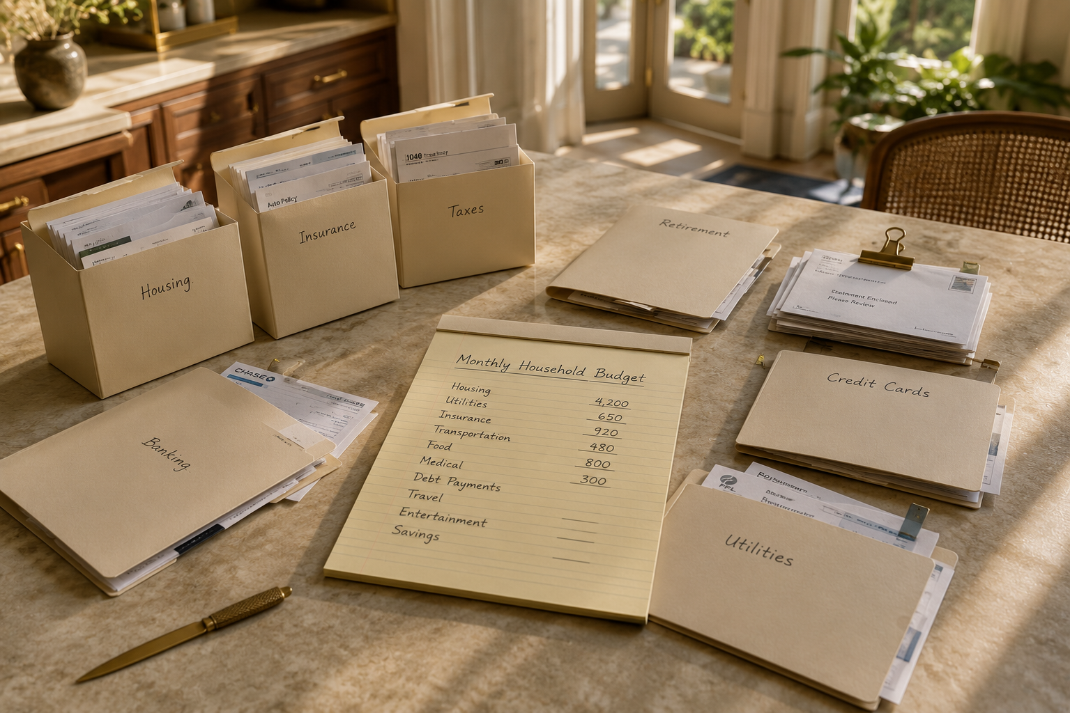 Woman reviewing financial records and organizing account folders before divorce.