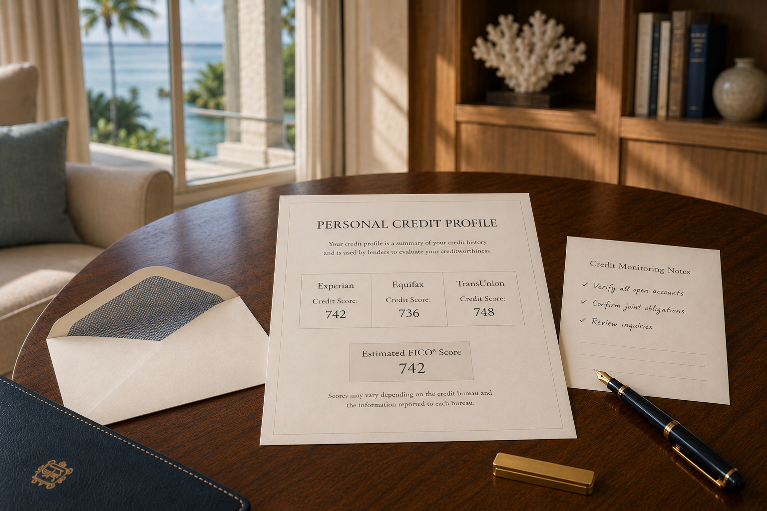Personal credit report with bureau scores, opened envelope, and handwritten monitoring notes.