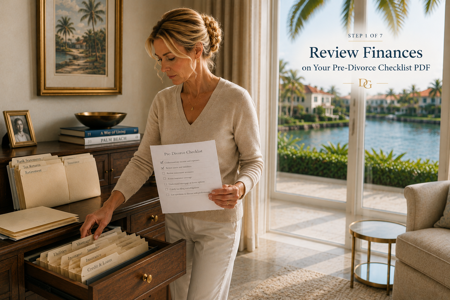 Woman reviewing financial records and organizing account folders before divorce.