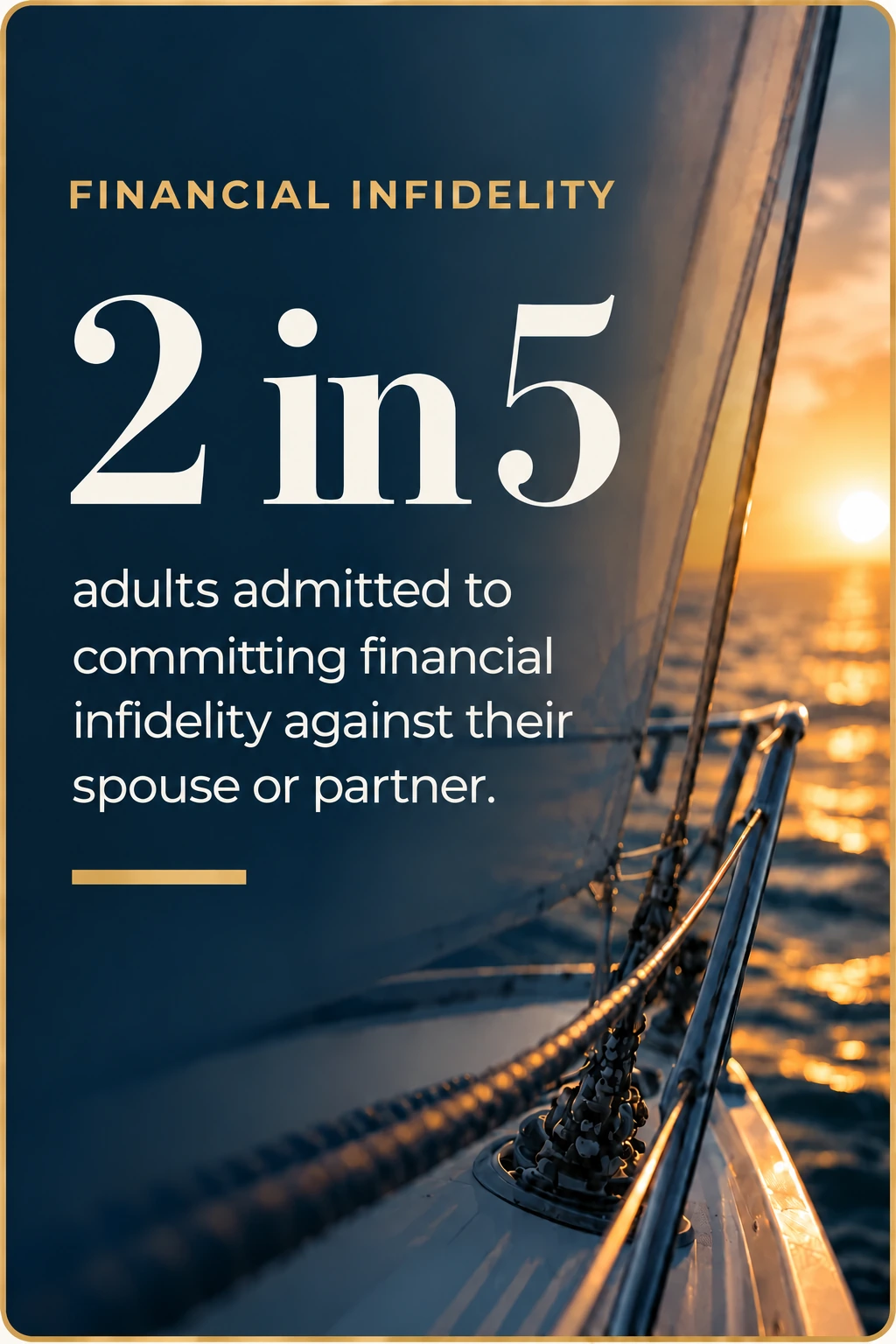 Financial infidelity statistic showing two in five adults admitting to financial secrecy with a spouse or partner, illustrated against a sailboat at sunset.