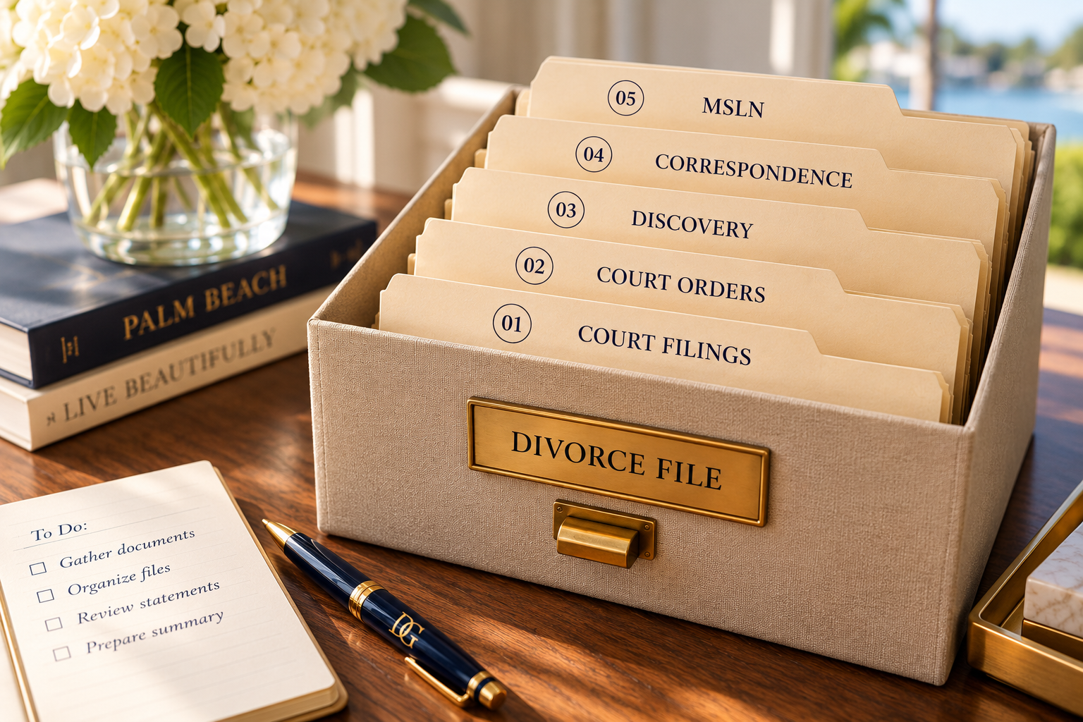 Archival document box with labeled dividers for court filings, court orders, discovery, 