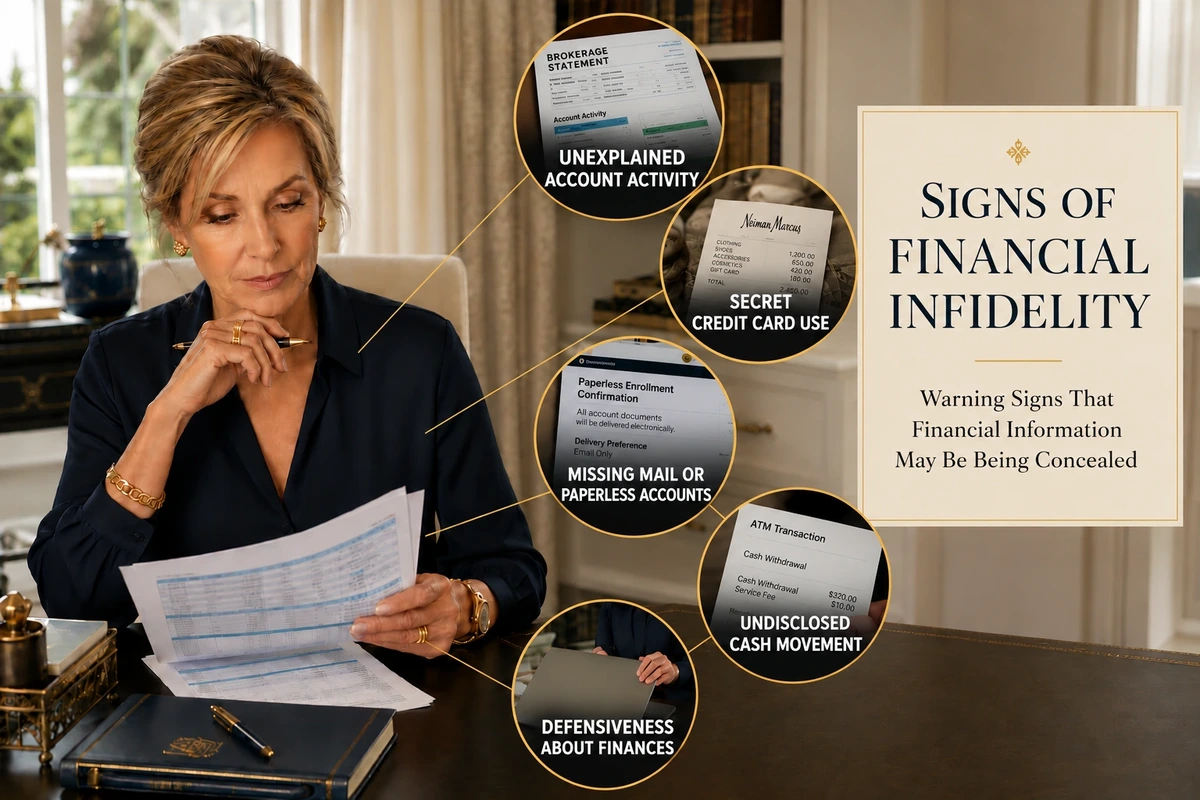 Woman reviewing financial documents beside an educational board identifying warning signs of financial infidelity