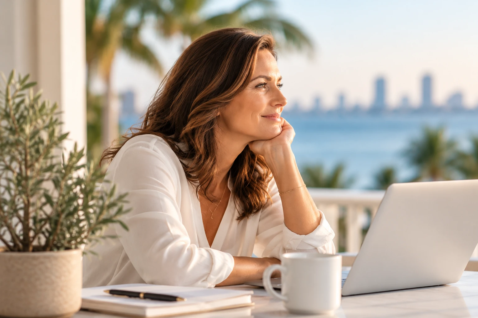 Woman reflecting at a table overlooking the Florida waterfront before a private financial strategy session.