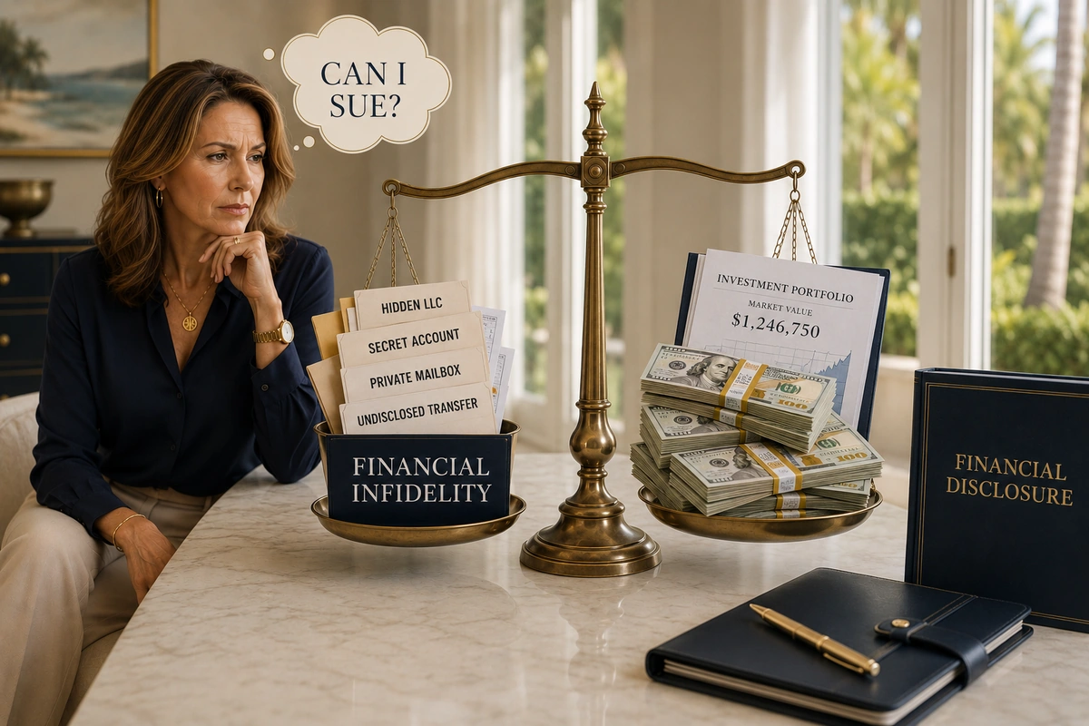 Woman examining financial disclosures beside a balance scale illustrating hidden assets.
