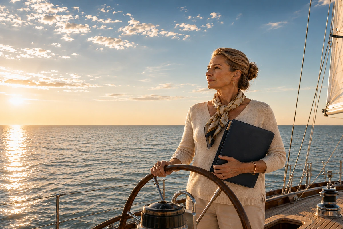 Confident woman steering a sailboat while holding a portfolio, symbolizing financial clarity and independence.